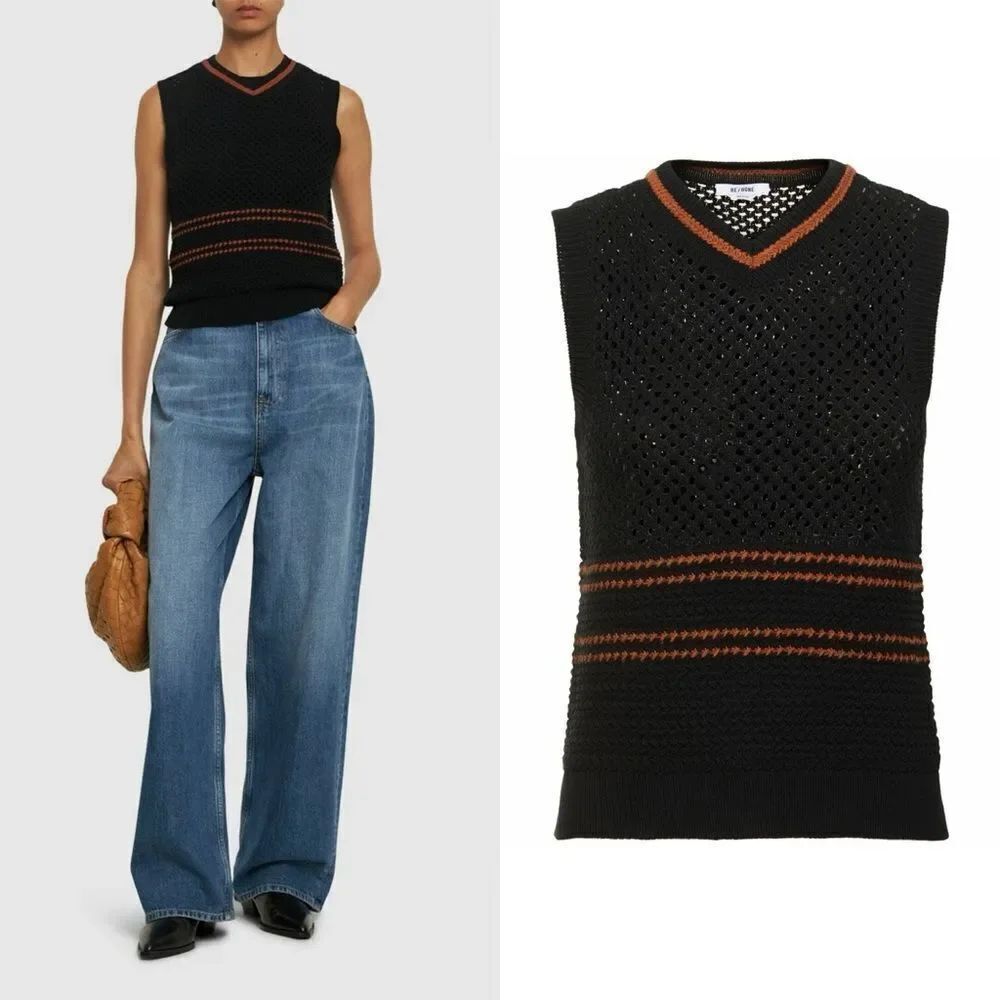 Re/Done Crochet Mesh Black Vest Sweater  Size S